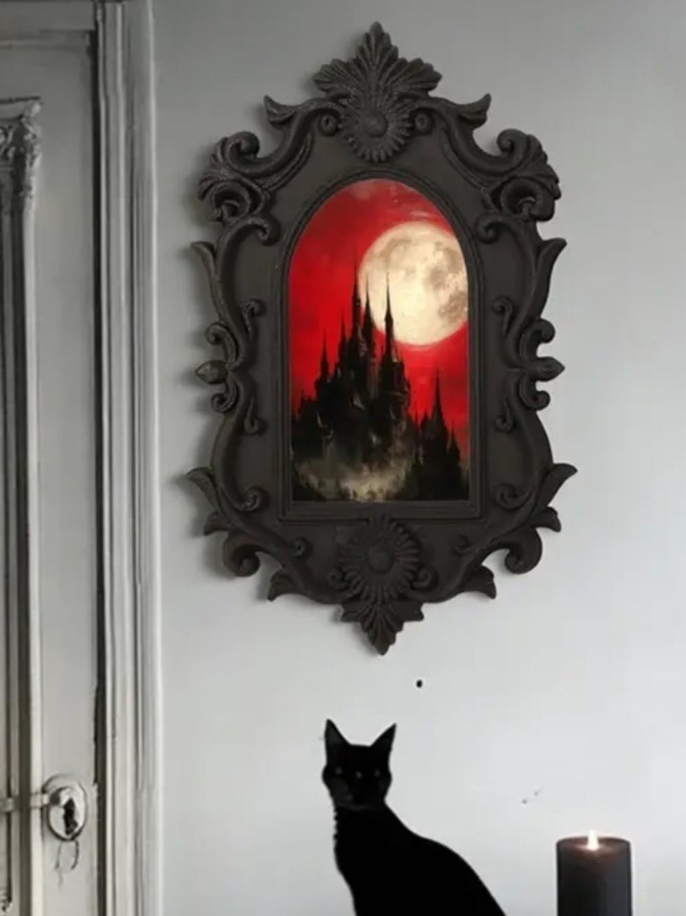 Gothic Castle Moon Wall Art - Resin Black Frame, Red & White Castle Print